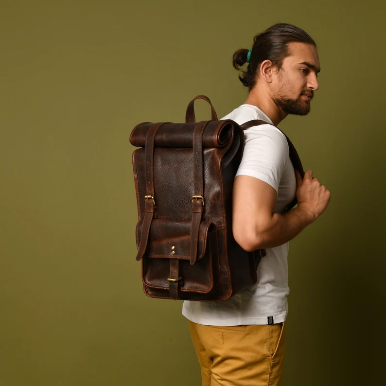 Personalized Leather Rolltop Backpack|Full Grain Leather Rolltop Rucksack Men|15