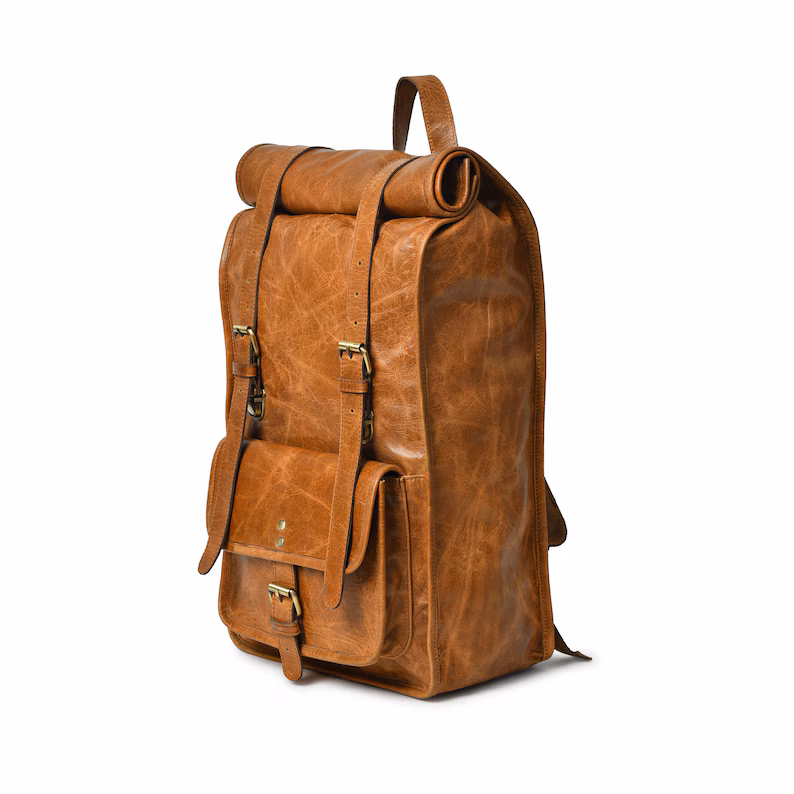 Leather Rolltop Backpack Men Laptop Everyday Rucksack|Leather Travel Bag Backpack For Her|Personalized Christmas Gifts For Him and Her