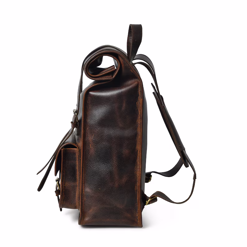 Personalized Leather Rolltop Backpack|Full Grain Leather Rolltop Rucksack Men|15