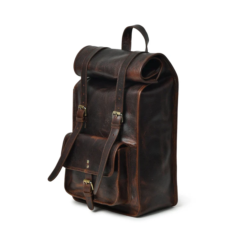 Personalized Leather Rolltop Backpack|Full Grain Leather Rolltop Rucksack Men|15