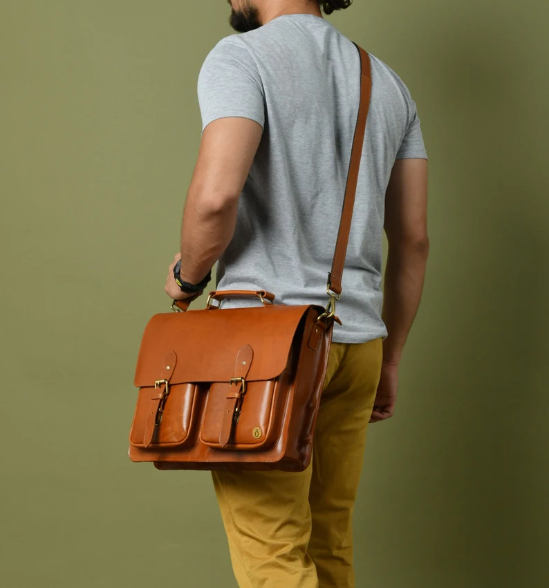 Personalized Leather Messenger Bag|Handmade Leather Satchel with Shoulder Straps|Mens Work Briefcase 15